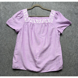 Talbots Shirt Womens Large Purple Linen Blend Butterfly Embroidered Short Sleeve